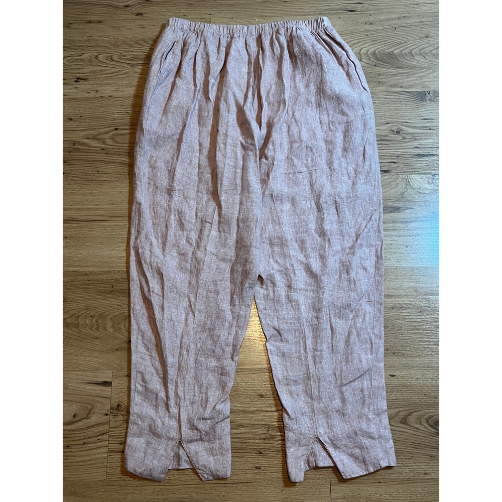 FLAX Linen Pants Womens M Rose Pull On Elastic Pockets Hem Slit Straight Leg - Picture 5 of 12